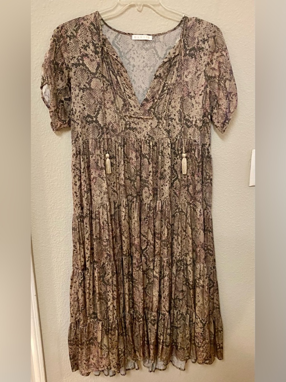 3/$12 - Karlie Boho Taupe, Blush and Beige Snake-Print Tiered Maxi Dress
